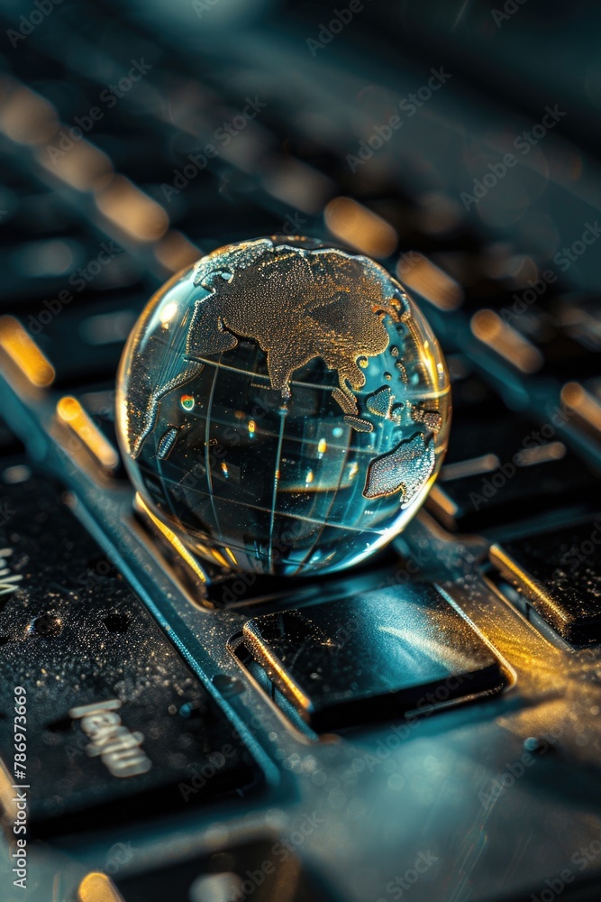 Aufkleber Glass globe sitting on top of a computer keyboard, suitable for technology concepts