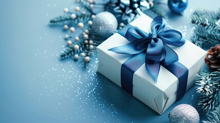 Obraz na płótnie Canvas Blue Christmas background with a white gift box tied with a blue ribbon festive New Year decorations in a holiday arrangement on a white backdrop for a greeting card Holiday theme with room