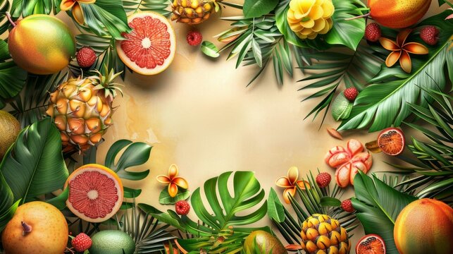 Tropical Oasis: A Blank Canvas Surrounded by Lush Foliage and Exotic Fruits