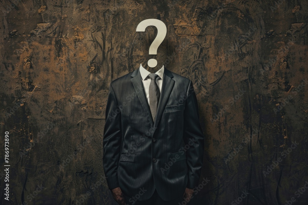 Poster a man wearing a suit with a question mark on his head. perfect for business and confusion concepts