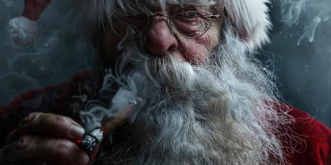 A man dressed as Santa Claus smoking a cigarette. Suitable for Christmas themed designs