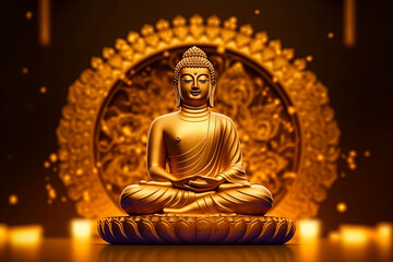 A gold statue of a Buddha is sitting on a table.