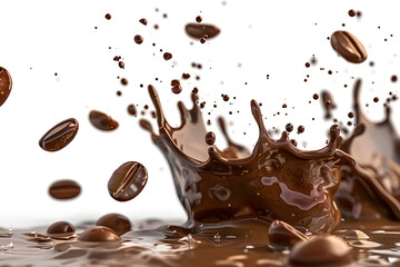 Fototapeta premium Splash of coffee with beans flying through the air on a white background