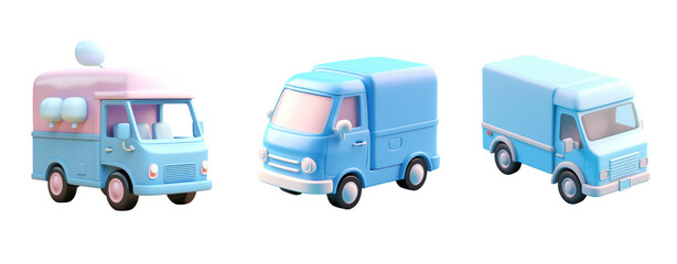 set of cute 3d blue delivery truck clay icon rendered soft pastel color blender plain surface isolated on transparent background