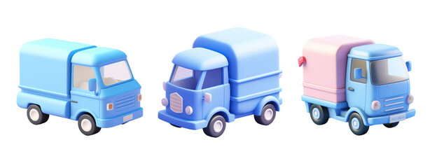 set of cute 3d blue delivery truck clay icon rendered soft pastel color blender plain surface isolated on transparent background
