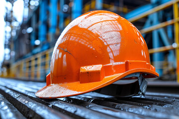 A close-up depicts an orange safety helmet placed on a steel beam, with a hint of construction or industrial work in the background - obrazy, fototapety, plakaty