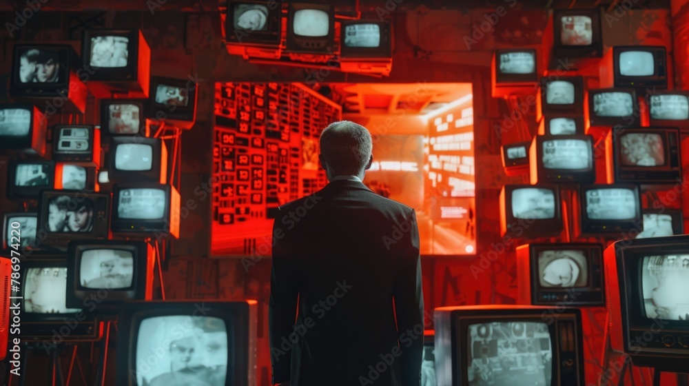 Poster a man standing in front of a wall of televisions. suitable for technology concepts
