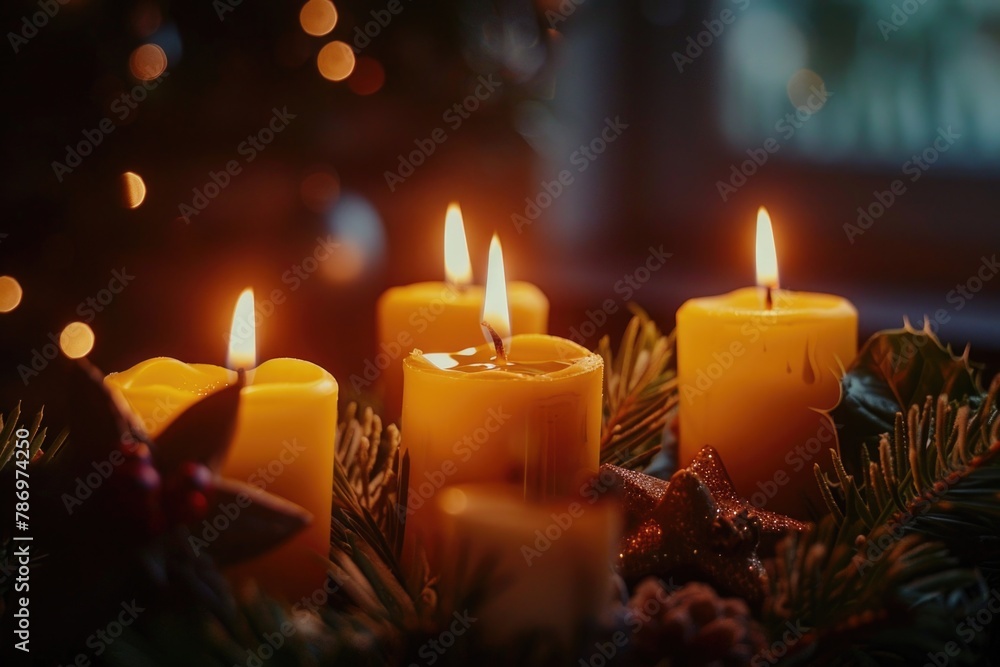 Poster Group of lit candles on a table, perfect for adding warmth and ambiance to any setting