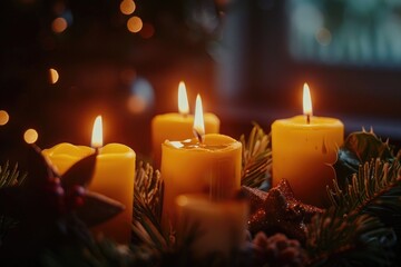 Group of lit candles on a table, perfect for adding warmth and ambiance to any setting