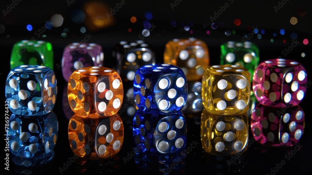 Poster several dice placed on a wooden table, suitable for various gaming and gambling concepts