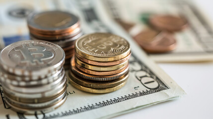 Stacks of coins and bills rest on a white surface.