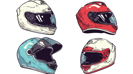 Four motorcycle or scooter Helmets. Crash helmet with