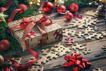 A festive Christmas present on a rustic wooden table. Perfect for holiday season designs