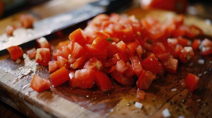 Freshly chopped tomatoes on a wooden cutting board with a knife. Perfect for cooking and recipe backgrounds - obrazy, fototapety, plakaty