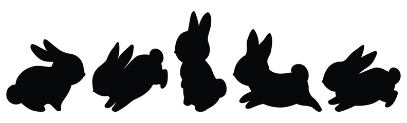 Silhouette black cute bunny. Cute cartoon rabbits. Funny hares, Easter bunnies. Standing, running, jumping poses. Set of flat cartoon vector illustrations isolated on white background. Outlines animal