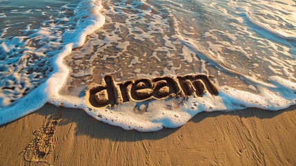 The photo shows the word "dream" written in the sand on a beach. It captures the idea that dreams can be like the sand, easily washed away or changed.
