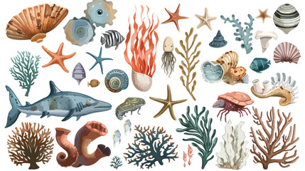 Underwater creatures and objects Colored vector set - obrazy, fototapety, plakaty