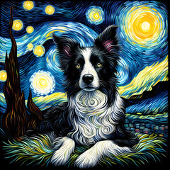 Border Collie Dog Van Gogh Starry Night Style  - obrazy, fototapety, plakaty