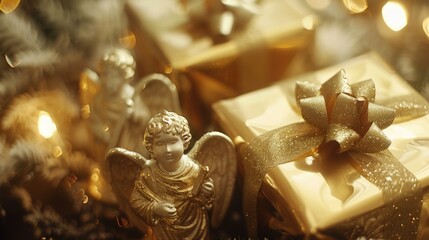 Fototapeta premium A gold gift with an angel figurine, perfect for various occasions