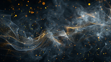 Abstract panoramic smoke background with golden particles