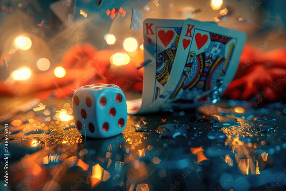 Poster pair of dice next to pair of cards. suitable for gaming concepts