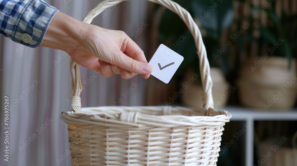 Poster a person holding a card in a wicker basket. suitable for various occasions and events