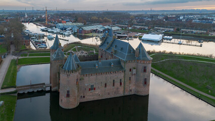 Beautiful view from above of Muiderslot Castle. One of the best preserved and restored medieval...