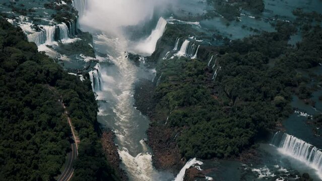 Aerial View Of Iguazu River With Majestic Waterfalls In Argentina - Brazil Border, South America.