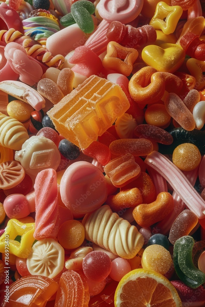 Poster A pile of assorted candies stacked on top of each other. Suitable for various sweet treats concepts