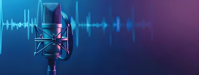 Photo of a microphone with sound waves on a blue background, representing podcasting and audio recording for business use.  