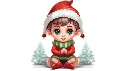 Cute Christmas elf sitting on the shelf on white background