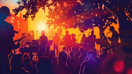 Fototapeta na wymiar Vibrant Sunset Music Festival with Joyful Crowd Silhouettes