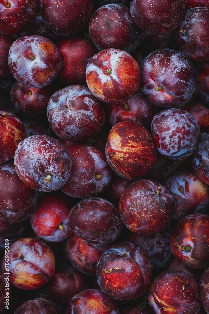 Poster a pile of plums stacked on top of each other. suitable for food and nutrition concepts