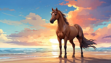 A brown horse standing on top of a sandy beach.