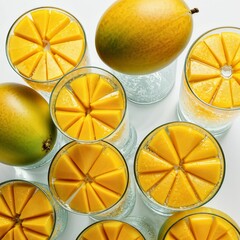 Top view on mango drinks and fruits