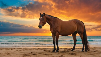 A brown horse standing on top of a sandy beach.