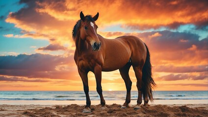 A brown horse standing on top of a sandy beach.