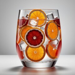 Slices of orange in a glass of water with ice 