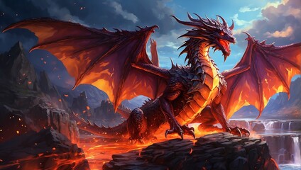A red dragon with black wings is perched on a rock in front of a mountain range. The dragon is breathing fire.