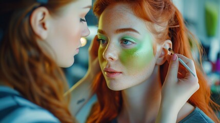 Obraz premium AI generated illustration of a red-haired woman receiving professional makeup application