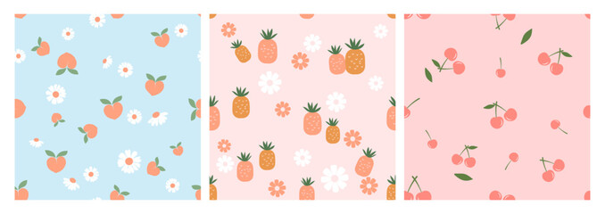 Seamless patterns with peach fruit, pineapple, cherry and cute flower on blue and pink backgrounds vector. Cute fruit prints.