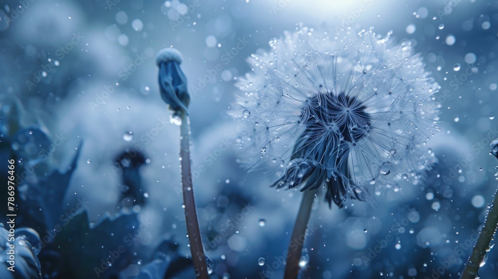Poster a detailed view of a dandelion in the rain. ideal for nature-themed designs