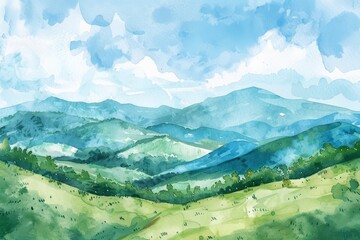 Beautiful idyllic  landscape with a green hills in a sunny day. Watercolor illustration. AI generative - 786976459