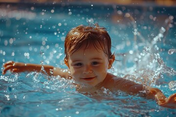 A young boy swimming in a pool with water splashing on his face. Ideal for summer and recreation concepts
