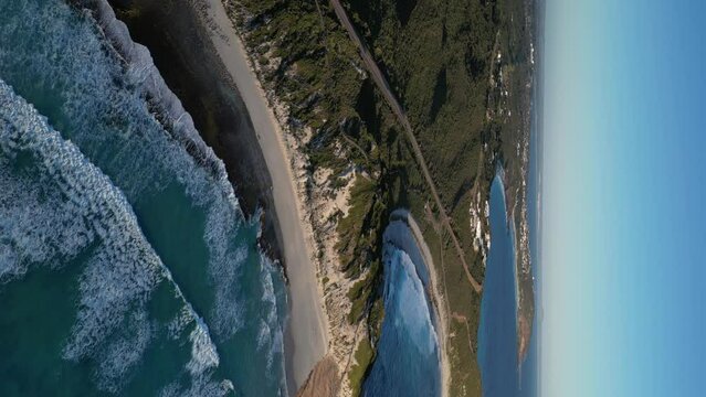 Salmon and Blue Haven Beaches, Esperance in Australia. Aerial drone panoramic view and vertical format. Sky for copy space