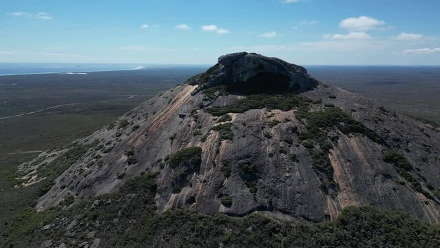 Frenchman Peak in Cape Le Grand National Park near Esperance, Western Australia. Aerial drone orbiting