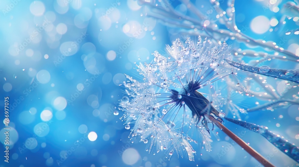 Poster a detailed view of a dandelion covered in water droplets. ideal for nature and macro photography pro