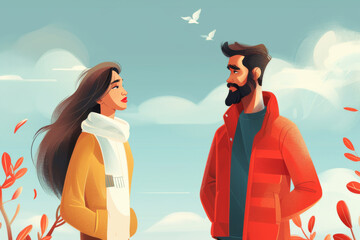 Illustration of a man and woman in a romantic autumn setting with foliage and birds.