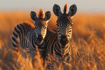 Two zebras in a grassy field, blending with the natural landscape