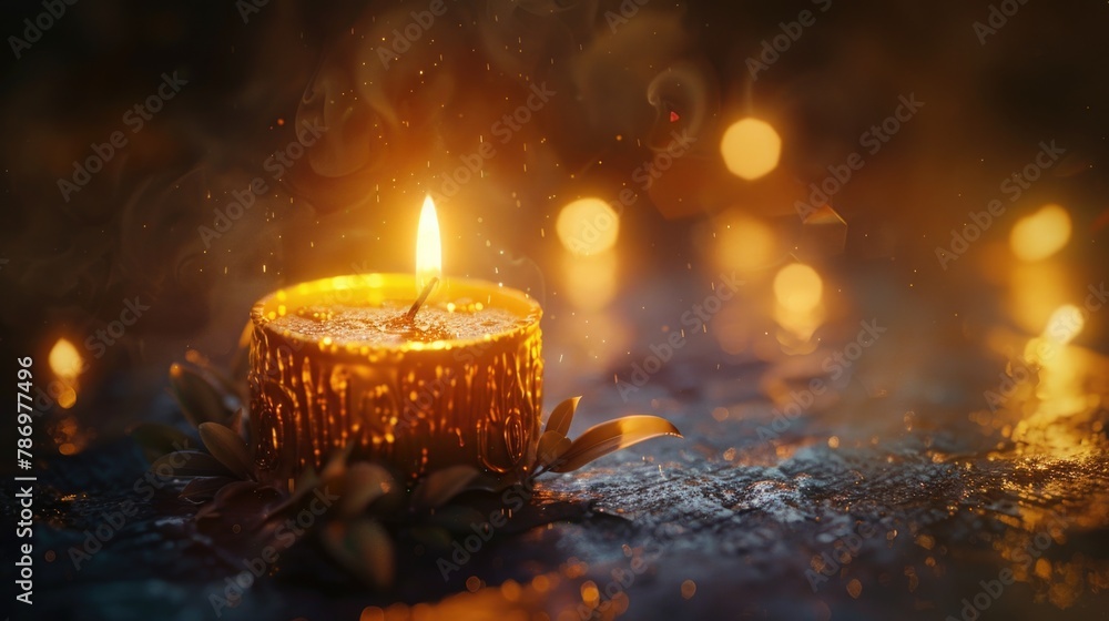 Poster A single lit candle on a table, perfect for adding warmth and ambiance to any setting